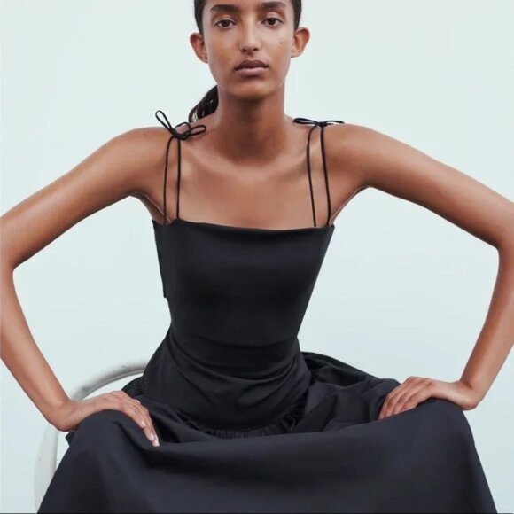 Zara Contrast Skinny Strap Maxi Dress Black Size XS - Picture 1 of 8